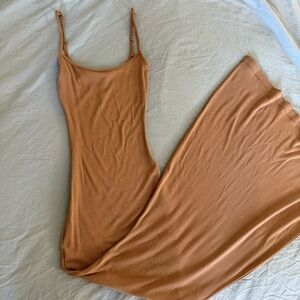 SKIMS Ribbed Tank Slip Dress in Camel